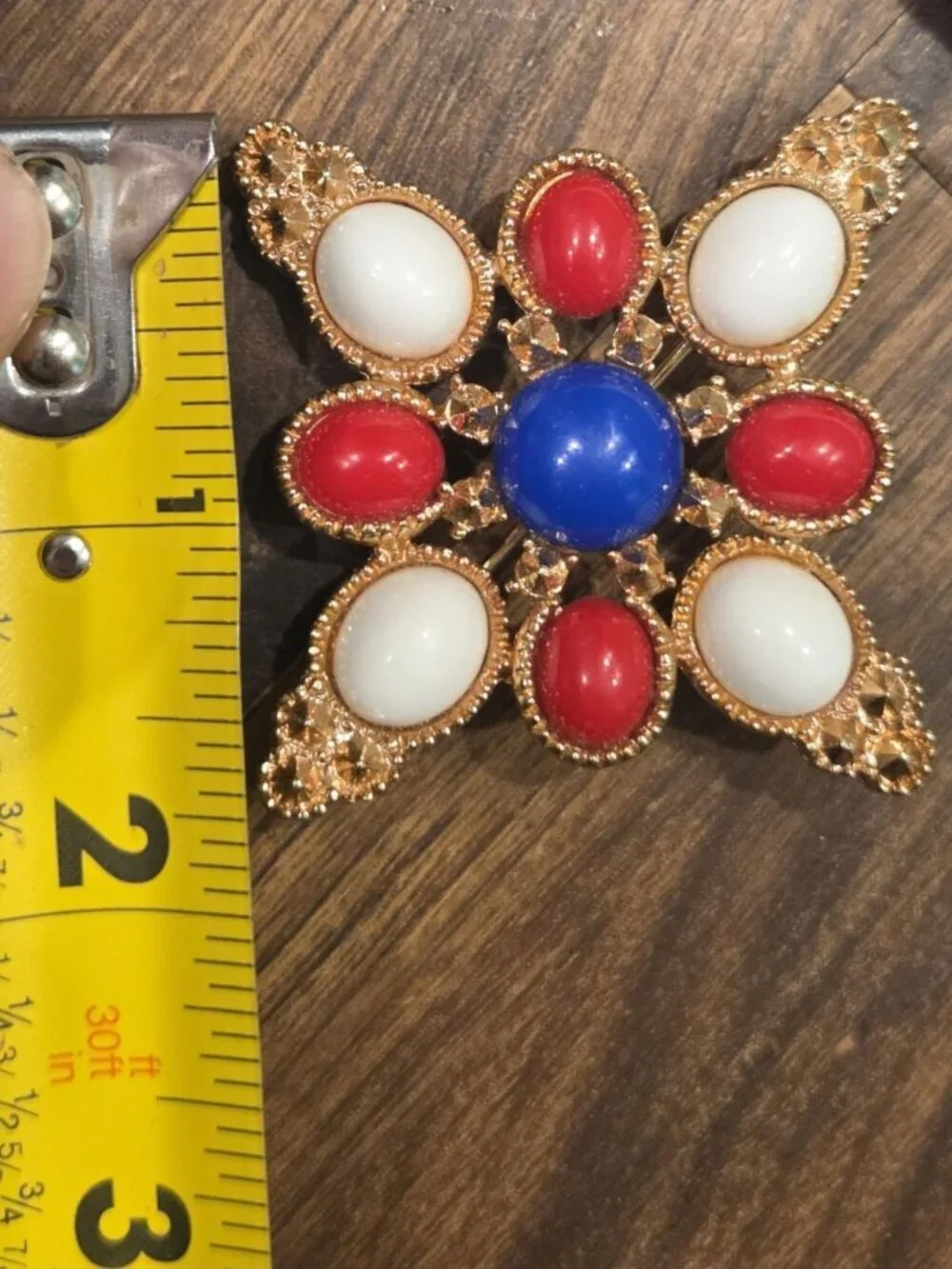 Vtg 70s Sarah Coventry Brooch Maltese Cross Gold Tone Red White Blue Americana